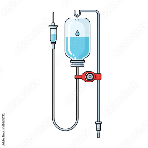 Medical illustration of an intravenous drip bag with tubing and a flow regulator for administering fluids.