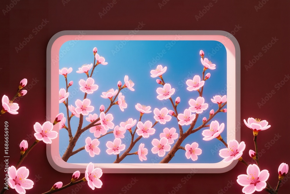 Fototapeta premium A surreal, simple frame in a dark red wall shows pink peach flowers glowing under blue sky, branches spilling outward