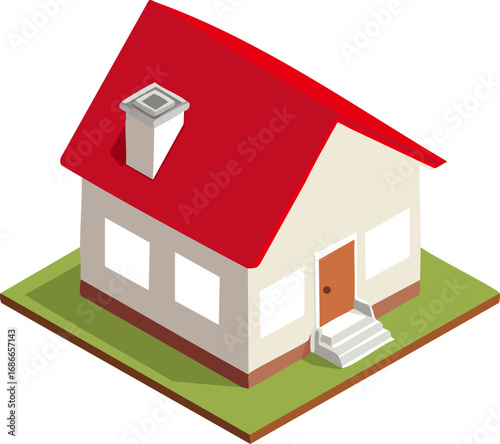 斜め俯瞰から見た家・建物（赤）
Diagonal overhead view of a house/building (red)