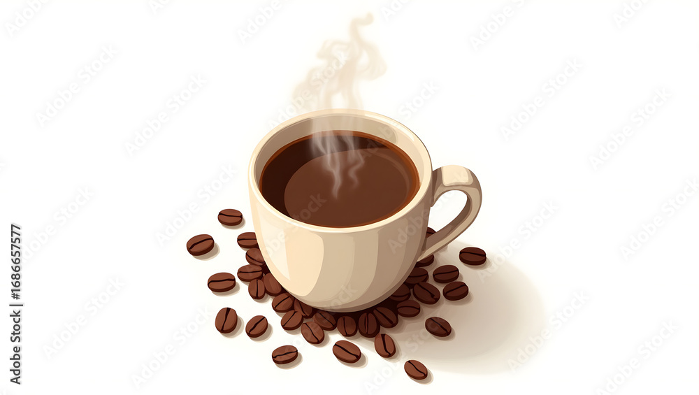 Fototapeta premium Steaming Cup of Coffee with Coffee Beans on White Background
