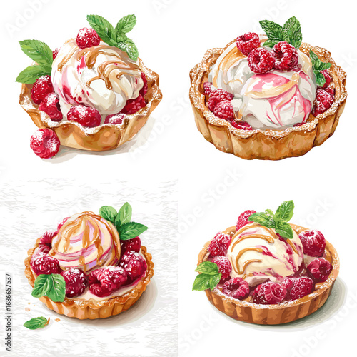 Illustration set of raspberry ice cream tarts with mint leaves and caramel drizzle, perfect for bakery, gourmet desserts, and sweet food projects.