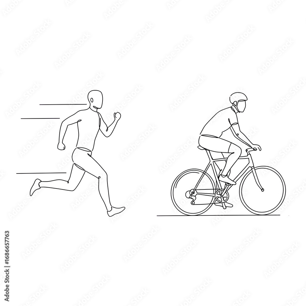 Fototapeta premium Linear Art Runner and Cyclist Illustration on White Background
