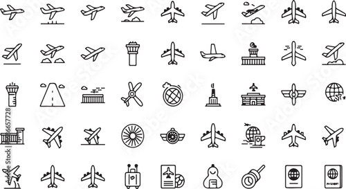 Collection of aviation icons and symbols representing airplanes airports and air travel transportation vector