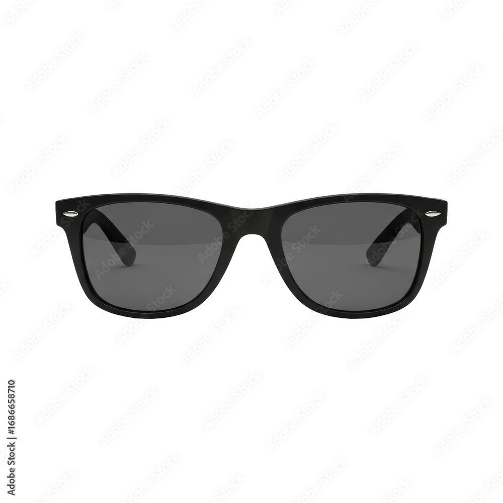 Fototapeta premium Sunglasses with black frames and dark lenses on a white background.