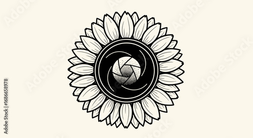 Creative camera lens aperture combined with sunflower petals graphic design.
