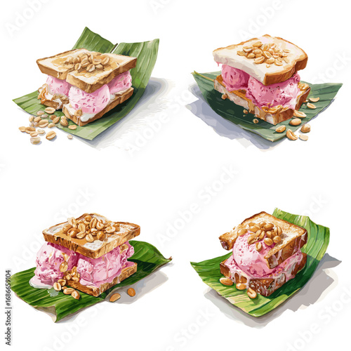 Illustration set of ice cream sandwiches with bread, peanuts, and banana leaves, great for street food, traditional desserts, and culinary design projects.