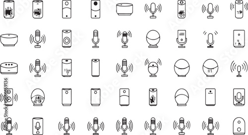 Collection of simple outline icons representing technology and communication elements for digital use vector