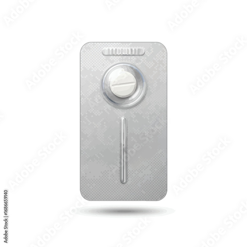 Close-up of a single white pill in a blister pack, isolated on a white background.
