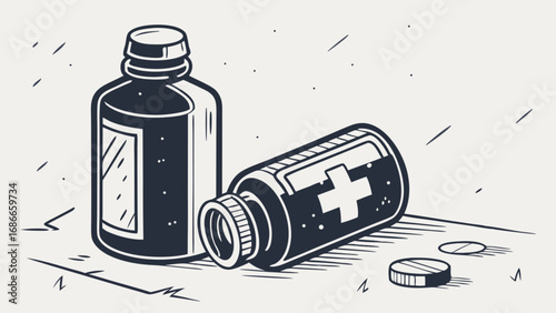 Line art illustration of medicine bottles with spilled pills and tablets