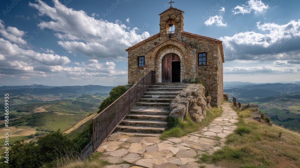 Fototapeta premium Rustic stone chapel on hilltop with panoramic view of rolling hills
