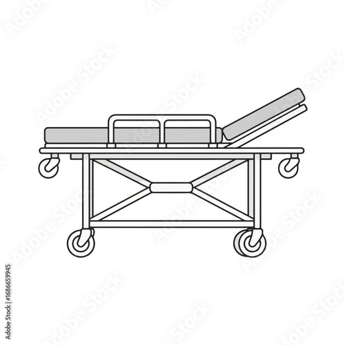 Side view of a medical stretcher with adjustable bed and wheels.