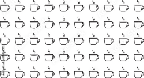 Collection of simple line art coffee cups with steam for morning beverage promotions vector