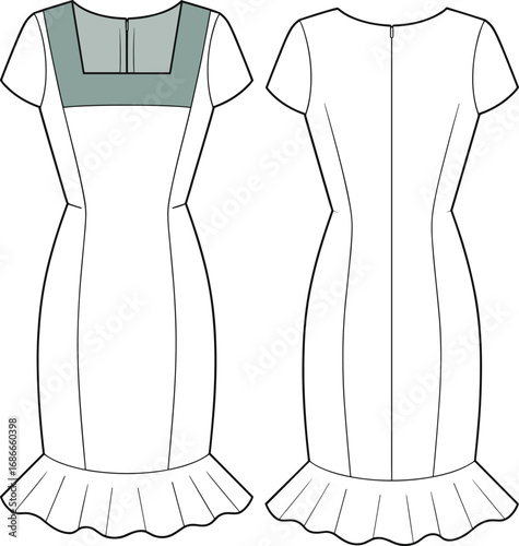 Fashion flat dress technical sketch with pleated hem, mesh yoke detail, cap sleeve, front and back views, CAD drawing illustration