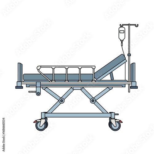 A medical stretcher with an IV drip stand.