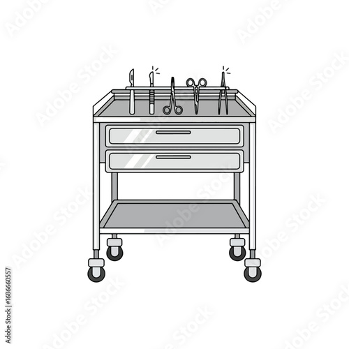 A grayscale line art illustration of a mobile surgical instrument cart with scalpels, scissors, and forceps neatly arranged on top.