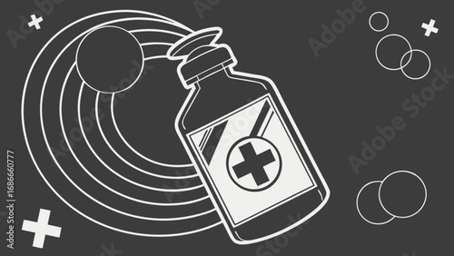 Monochrome illustration of a medical dispenser bottle for hygiene concept