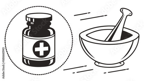 Pharmaceutical concept with a modern medicine bottle and apothecary mortar
