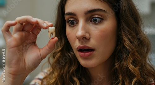 A woman gazes surprised at a tooth shes holding between her fingers a bit of blood visible