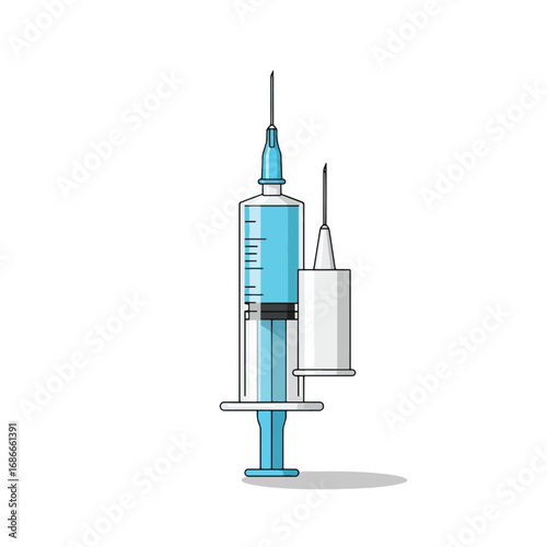 Illustration of two medical syringes, one filled with blue liquid, for injections or vaccinations.