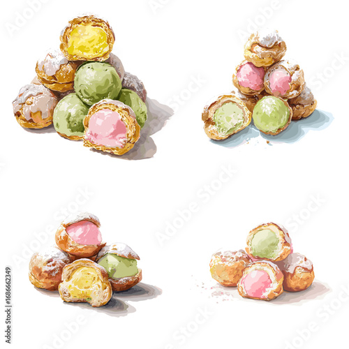 Illustration set of cream puffs with colorful ice cream scoops and powdered sugar, ideal for pastry, confectionery, and bakery design projects.