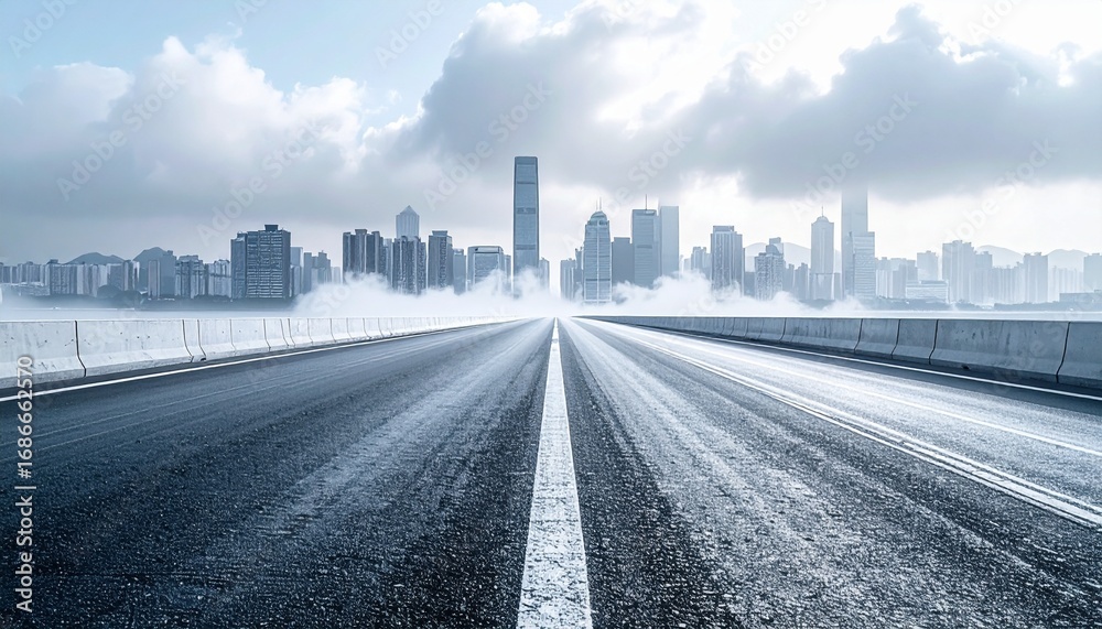 Fototapeta premium Road stretches towards the city skyline shrouded in mist and clouds on a cold, overcast day, creating a sense of mystery and urban isolation.