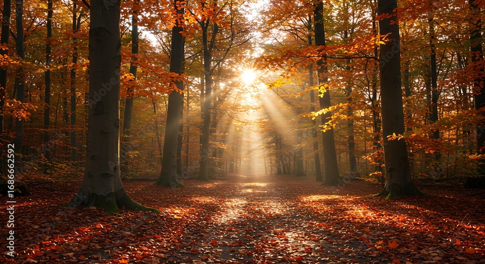 Fototapeta premium Autumn forest sunlight path