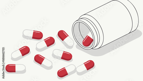 Illustration of red and white medicine capsules spilling from a bottle