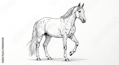 Elegant Black and White Line Art Drawing of a Horse in Motion, Detailed Equine Illustration on White