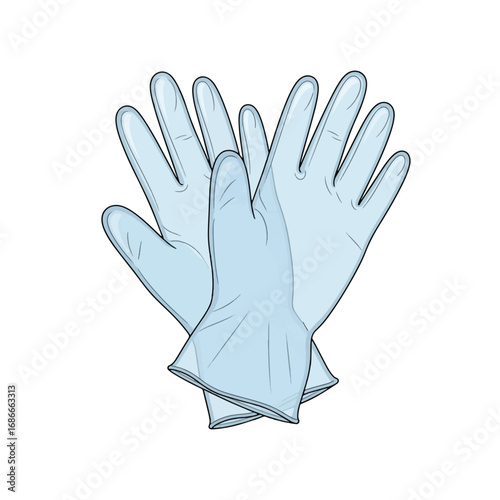 A detailed illustration of a pair of light blue disposable medical gloves for hygiene and protection.