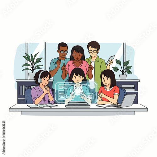 Diverse professionals collaborate with cutting-edge technology, fostering productivity and innovative solutions in a contemporary office setting.