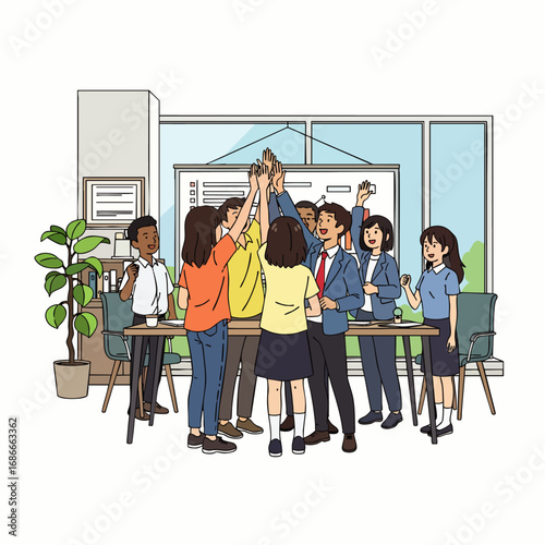A diverse team of professionals celebrates successful collaboration and unity within a modern, flexible work environment, fostering innovation and positive outcomes.