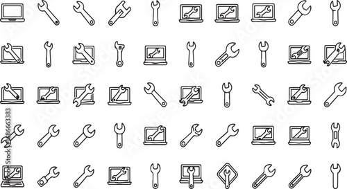Collection of hand drawn icons representing computers and tools for it support and repair vector