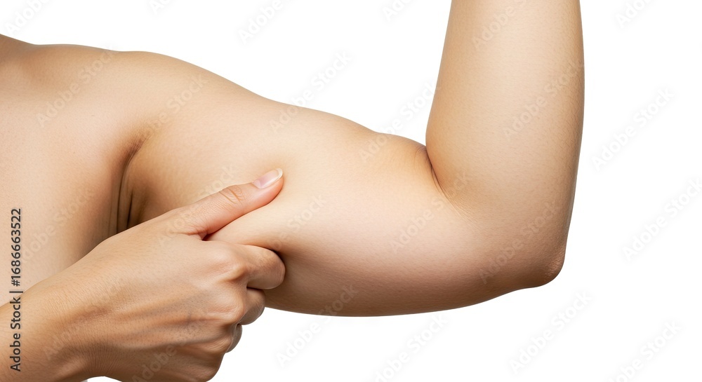 Fototapeta premium Arm with hand pinching skin showing a roll Light skin tone Isolated against a white background