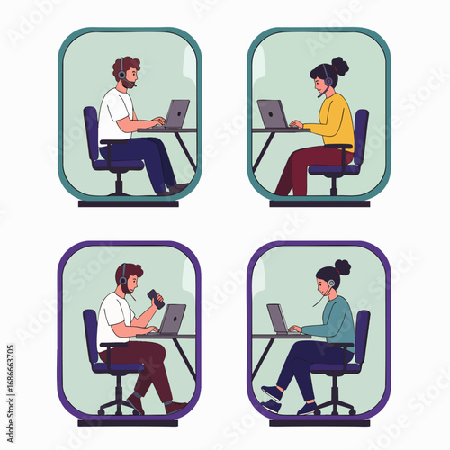 Modern professionals engage in focused tasks within innovative individual work pods, embodying the flexibility and productivity of contemporary hybrid and remote work models.