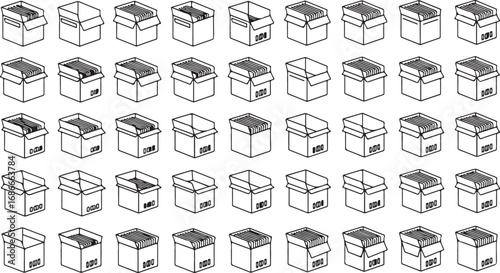 Collection of industrial machine parts in schematic line drawings technical blueprint style vector