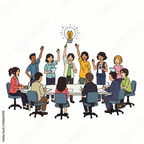 A diverse team of professionals enthusiastically brainstorms new ideas in a dynamic, modern work environment, fostering innovation and productivity.
