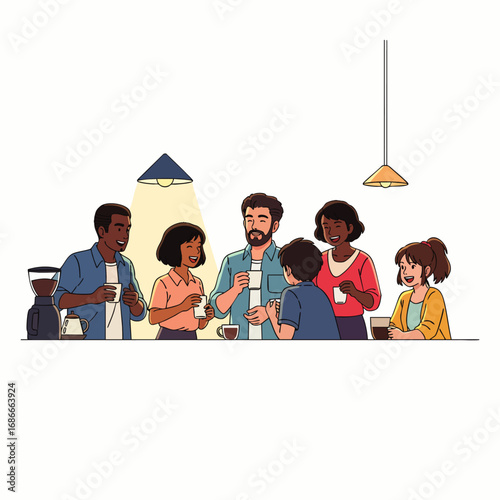 Diverse professionals and digital nomads enjoy a relaxed, collaborative discussion in a vibrant coffee shop, embodying modern hybrid work-life balance.