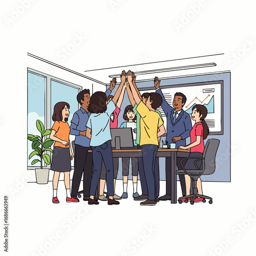 A diverse team of professionals celebrates a successful project outcome, demonstrating strong collaboration and unity within a modern, dynamic office environment.