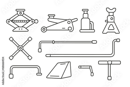 Car jack and tools line icon set. Automotive service, repair equipment. Vector illustration. Scissor, floor, bottle jack, stand, lug wrench, wheel chock for tire change. Garage.
