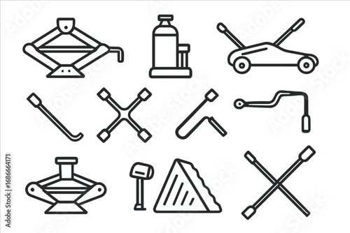 Car jack and wheel replacement tools icon set. Vector line art of automotive service and repair equipment. Includes scissor jack, lug wrench, and floor jack for tire change.