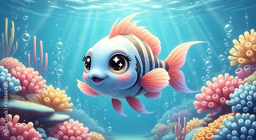 Adorable Cartoon Fish with Big Sparkly Eyes and Pink Stripes in Vibrant Coral Reef, Cute Underwater Scene