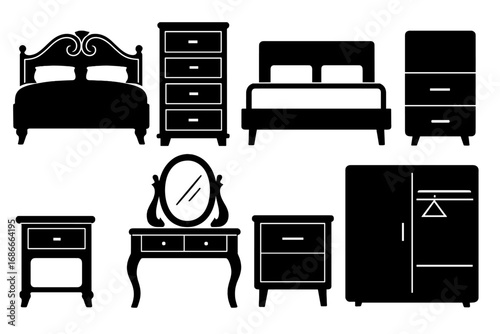 Vector collection of bedroom furniture silhouettes. Set includes classic and modern styles of bed, dresser, wardrobe, and nightstand icons. Isolated interior design elements.