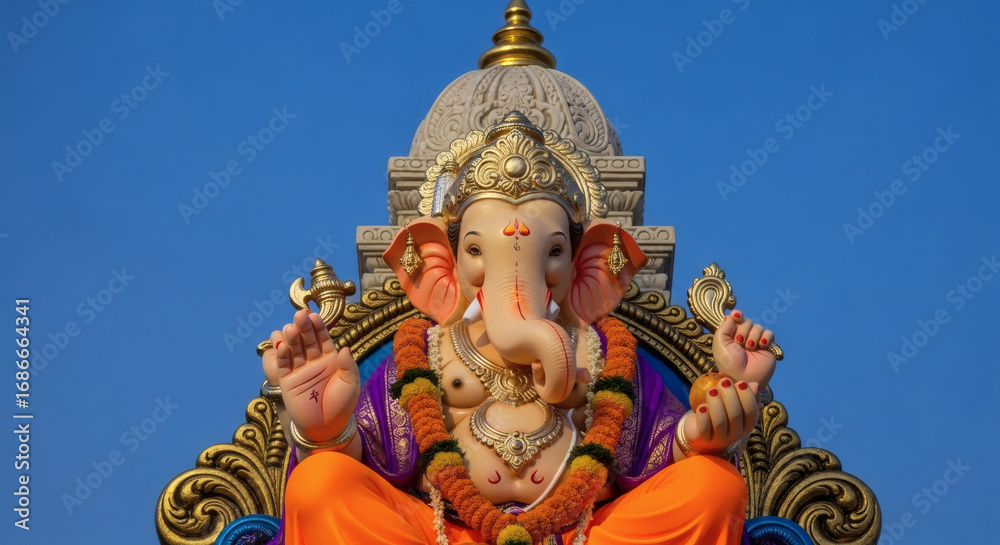 Fototapeta premium Ornate statue of Ganesha, Hindu deity, seated on a golden throne, against a vibrant blue sky.