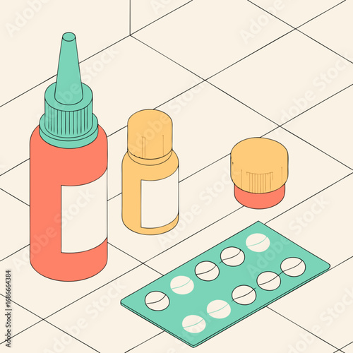 Isometric illustration of medications for medical healthcare treatment
