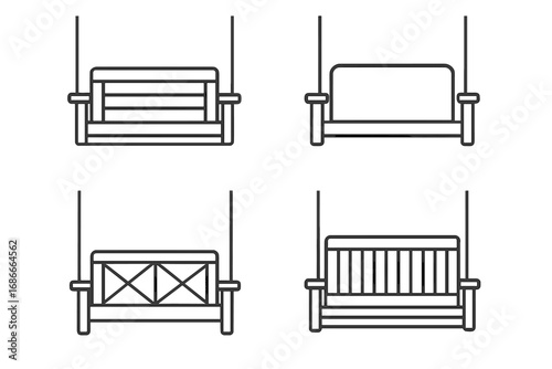 Porch swing line art collection. Vector icons of various hanging benches. Minimalist outdoor furniture for garden and patio. Relaxation concept design set. Isolated front view.