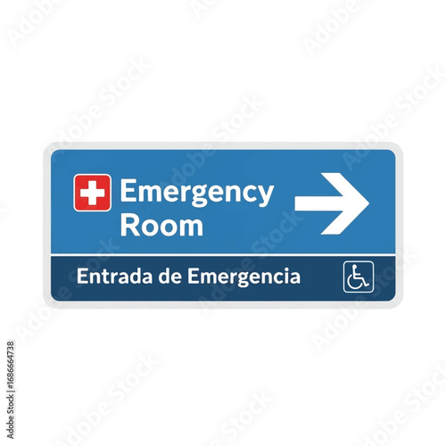 Sign indicating the location of the emergency room, with directional arrow and Spanish translation.