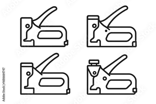 Vector set of staple gun icons. Black outline tool symbols for construction, repair, and upholstery. Minimalist line art illustration. Workshop equipment and hardware graphics.
