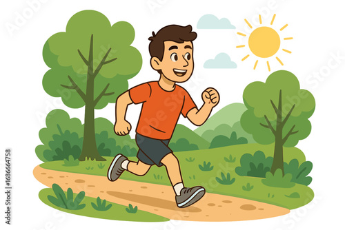 Man running in nature on a sunny day. Young person jogging on a forest path. Outdoor fitness exercise. Healthy active lifestyle concept. Summer sport in the park. Vector cartoon.
