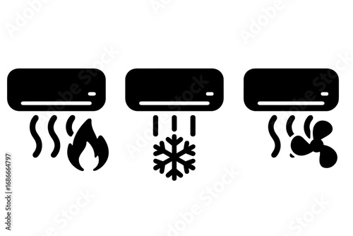 Air conditioner icons for heating, cooling, and fan modes. Vector silhouette illustration set of climate control symbols. HVAC system pictograms for hot and cold temperature.