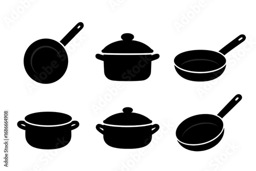 Cooking pan and pot icons set. Minimalist black silhouette kitchen utensils. Vector cartoon illustration of cookware. Frying pan and saucepan graphic elements for design.